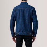 
细节特写 of Classic Collar & Heavy-Duty Zipper Hardware on Conard Dark 深海蓝 Denim Trucker 真皮夹克 男士 For Men