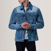 
Conard Ice 深海蓝 Denim Trucker 真皮夹克 男士 For Men in Ice Blue Full-Grain Leather - 正面版型与定制立体剪裁轮廓 | 官方商城选购