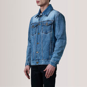 
Conard Ice 深海蓝 Denim Trucker 真皮夹克 男士 For Men - 展现立体袖型与合身版型的侧身视角