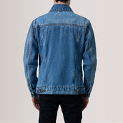 
细节特写 of Classic Collar & Heavy-Duty Zipper Hardware on Conard Ice 深海蓝 Denim Trucker 真皮夹克 男士 For Men