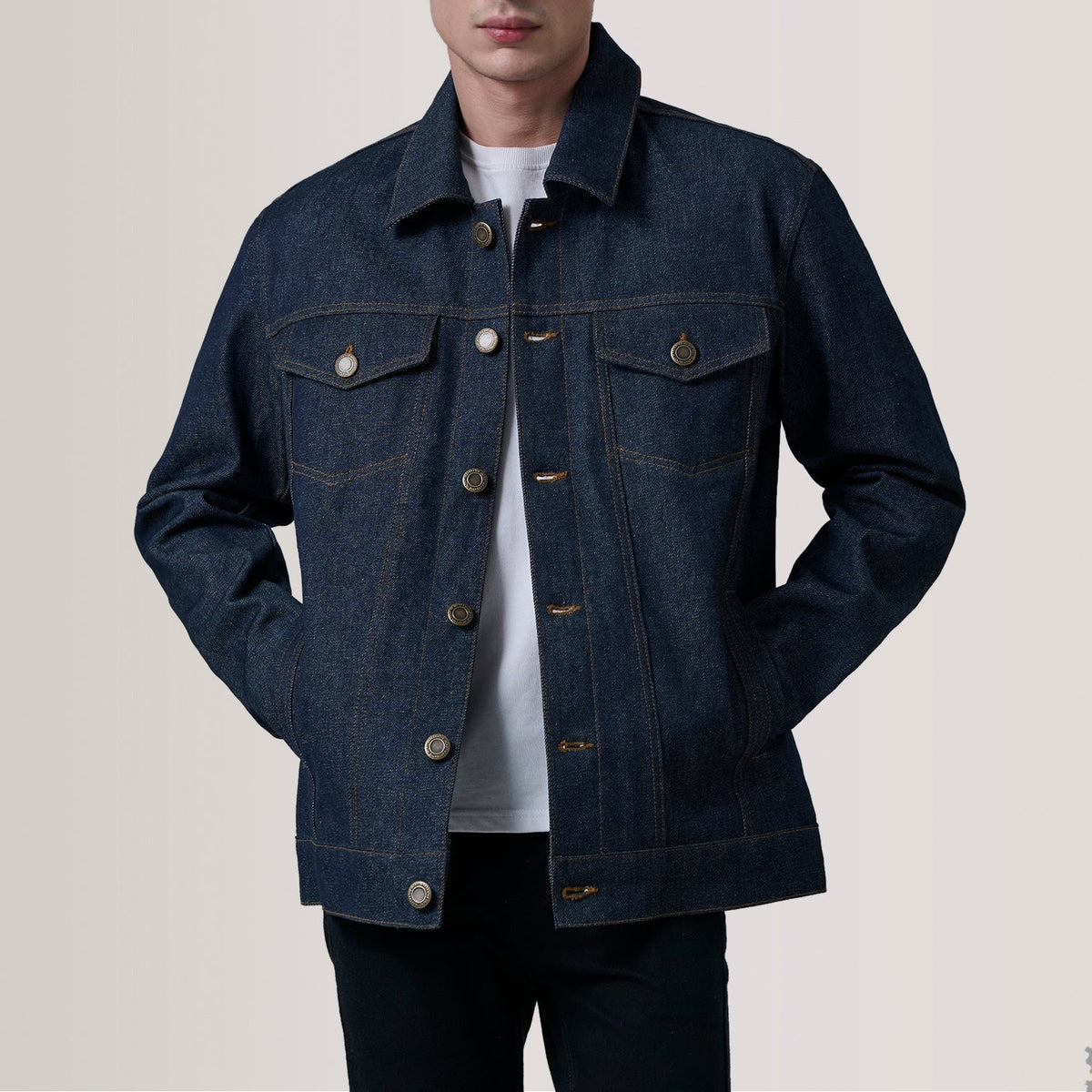 Conard Ash Grey Denim Trucker Jacket For Men in Indigo Blue Full-Grain Leather - Front Profile View &amp; Tailored Silhouette | Buy Online