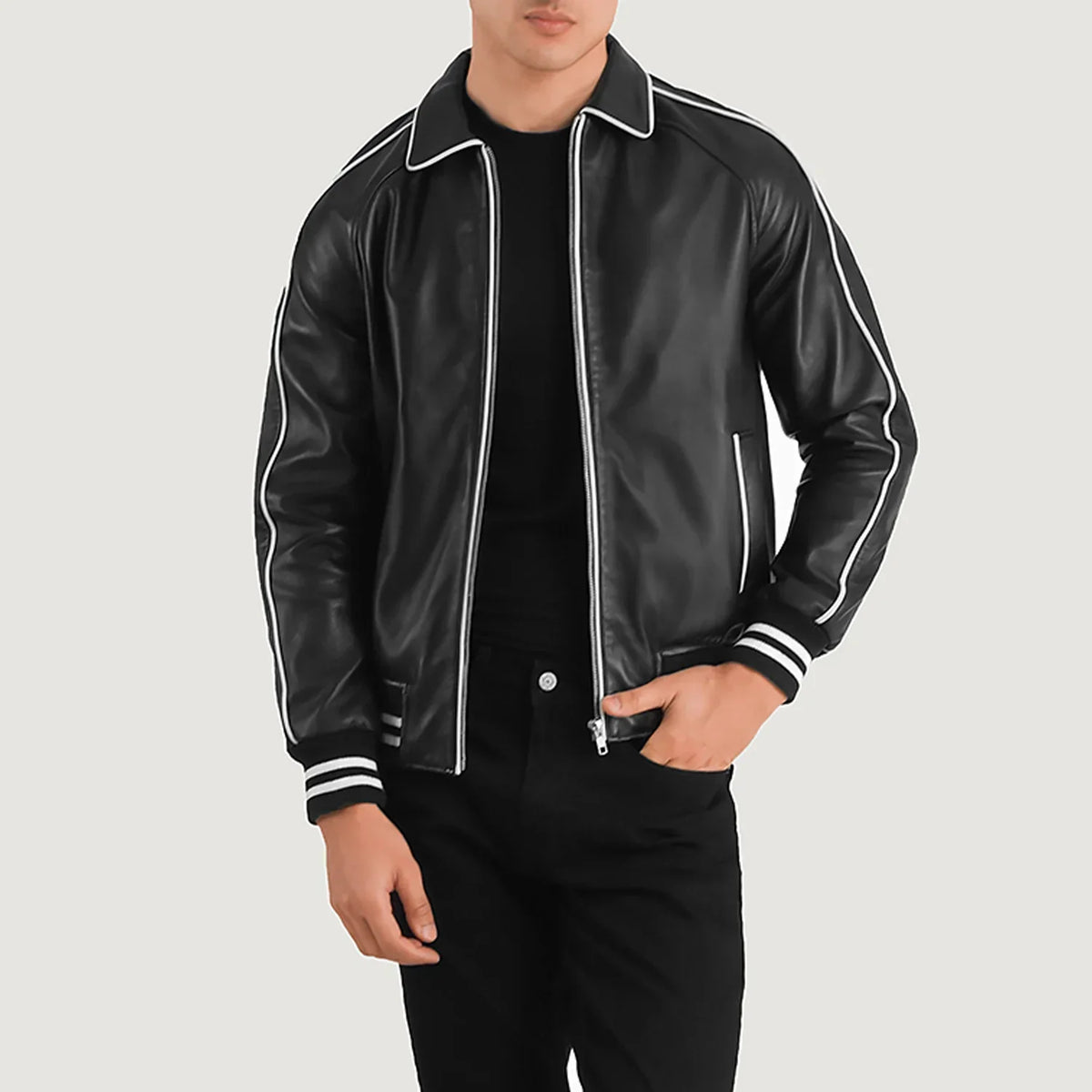 Cooper 黑色 Leather Varsity 真皮夹克 男士 in Black Sheepskin Leather - Front Profile View &amp; Tailored Silhouette | Buy Online
