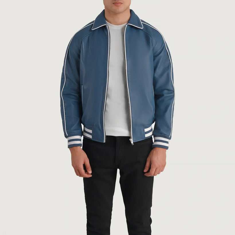 Cooper Blue Leather Varsity 真皮夹克 男士