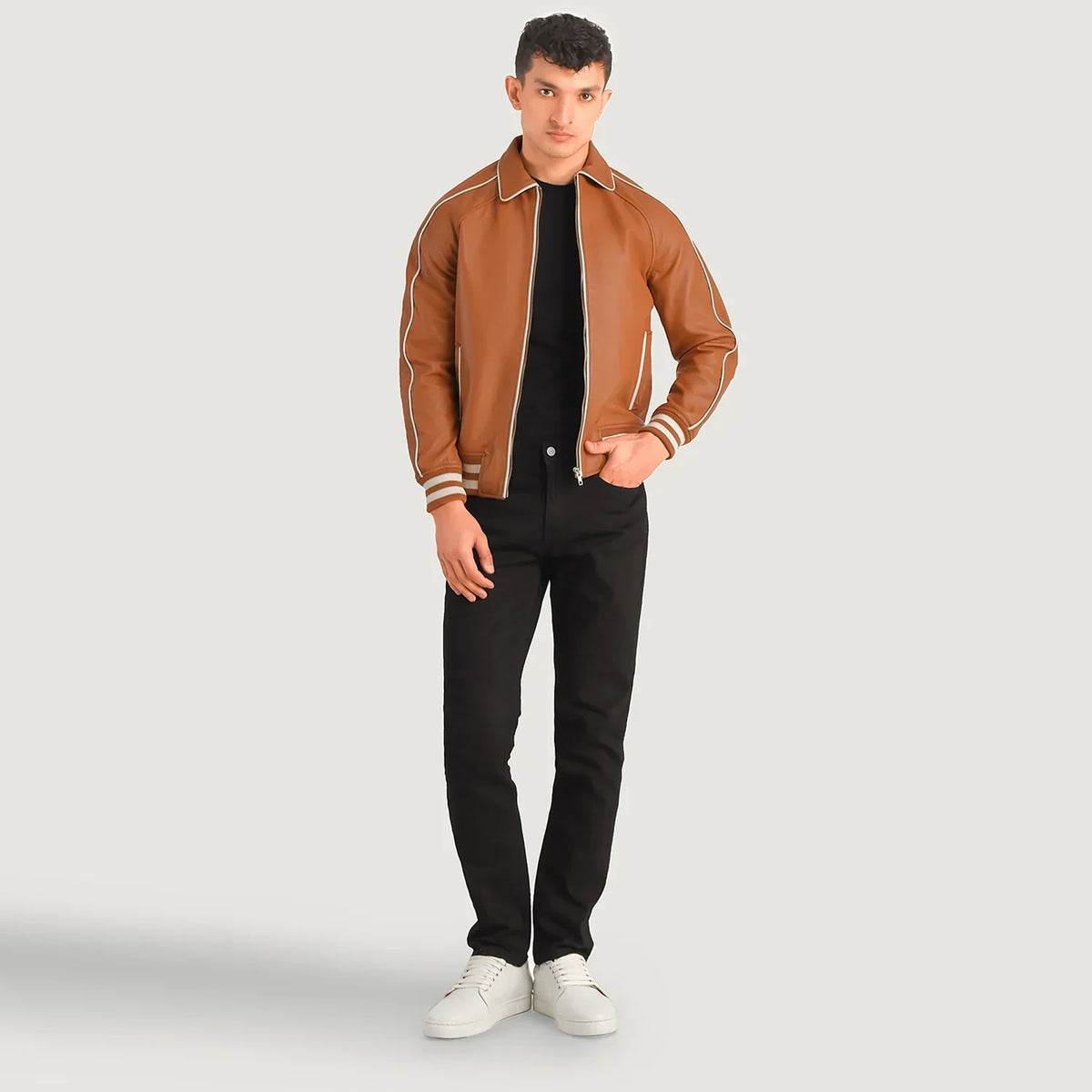 Cooper 浅褐色 棕色 Leather Varsity 真皮夹克 男士 in Tan Brown Sheepskin Leather - Front Profile View &amp; Tailored Silhouette | Buy Online