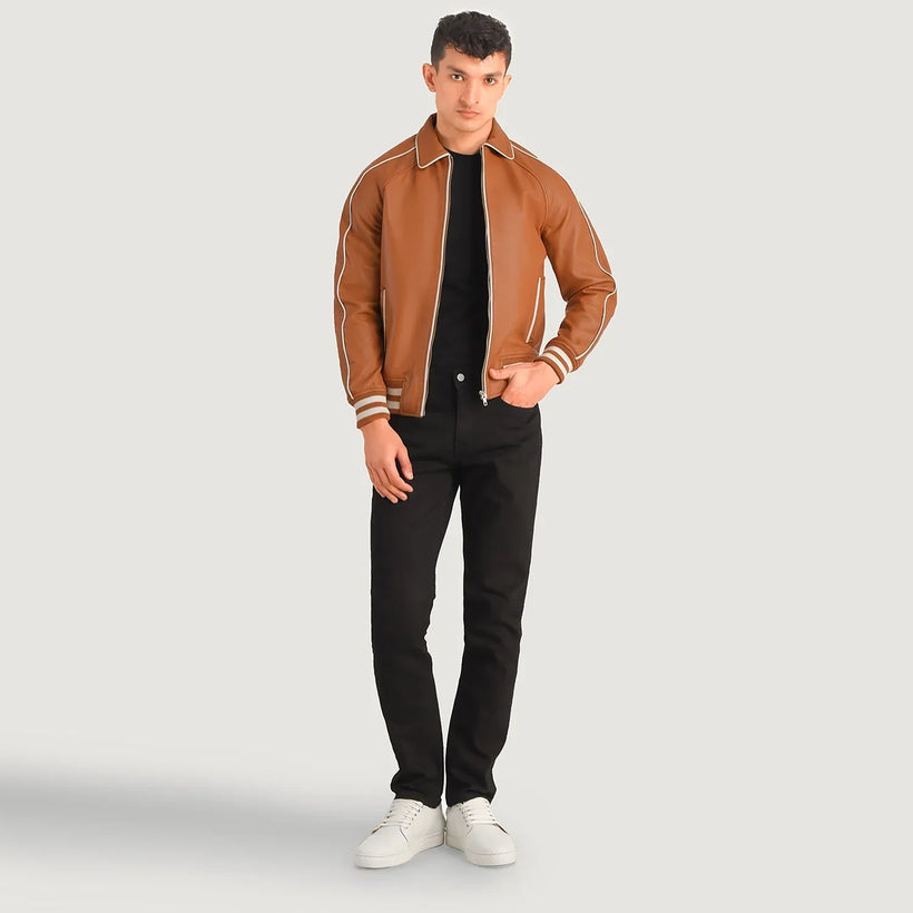 Cooper 浅褐色 棕色 Leather Varsity 真皮夹克 男士