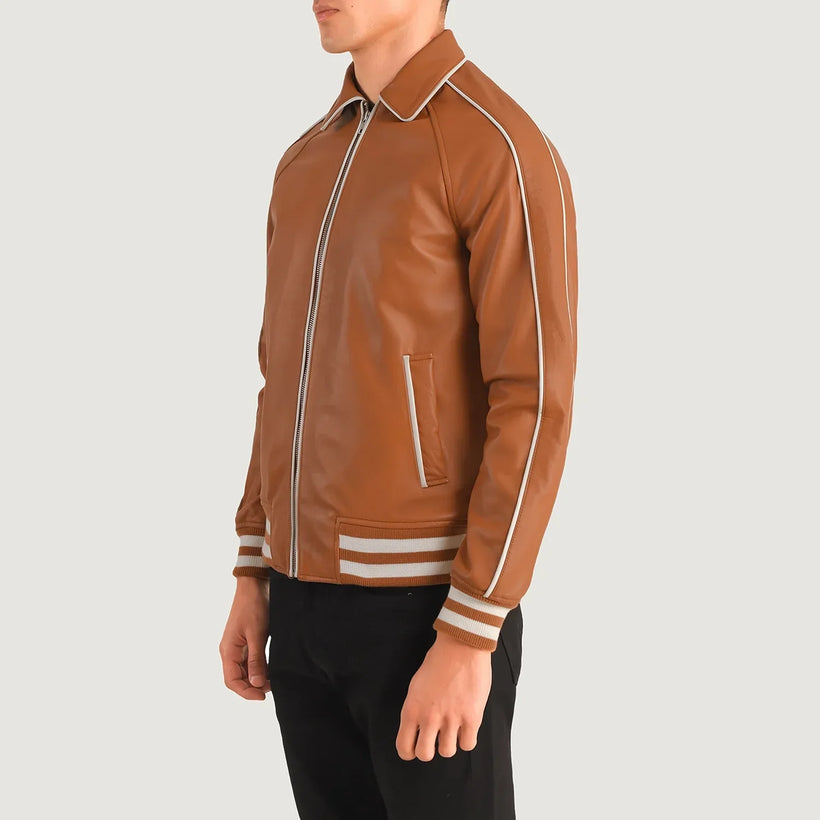 Cooper 浅褐色 棕色 Leather Varsity 真皮夹克 男士