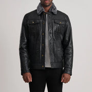 Dallis 黑色 Leather Shearling Trucker 真皮夹克 男士 in Black Sheepskin Leather - Front Profile View &amp; Tailored Silhouette | Buy Online