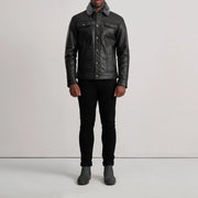 Dallis 黑色 Leather Shearling Trucker 真皮夹克 男士 - Lateral Side Profile View Showing Sleeve Cut &amp; Athletic Taper Fit
