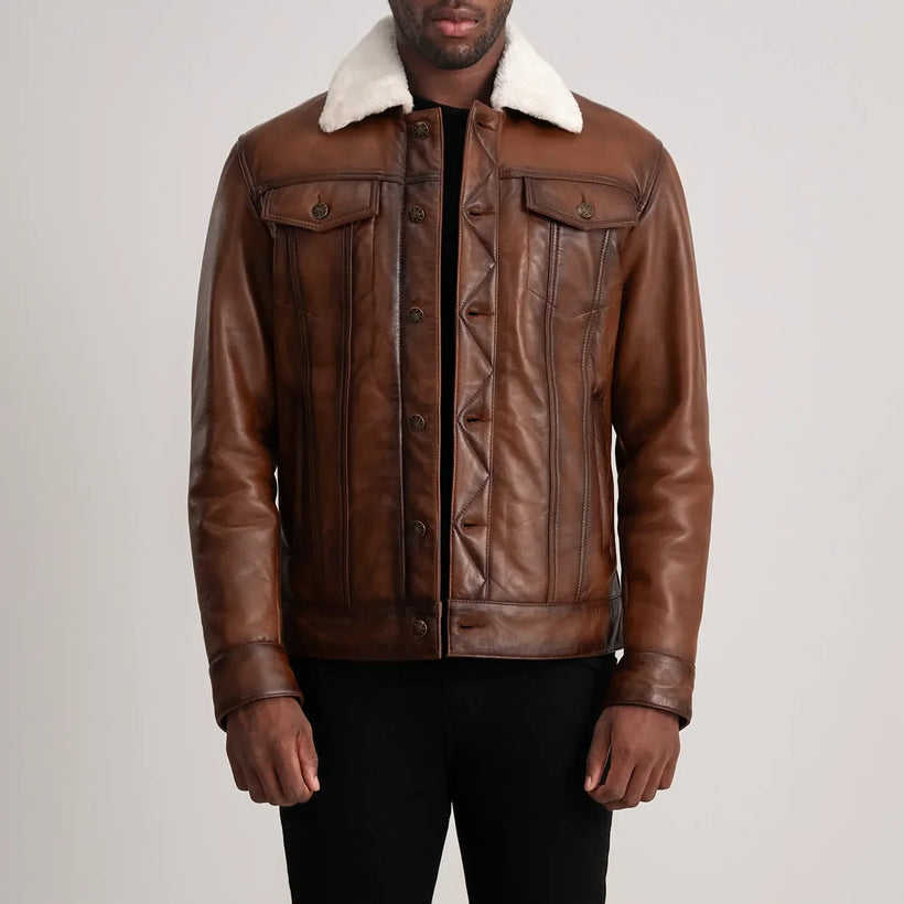 Dallis 复古棕 Leather Shearling Trucker 真皮夹克 男士