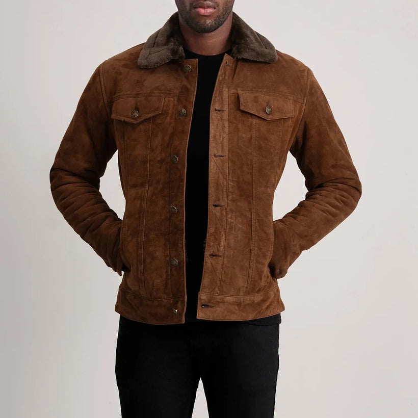 Dallis 复古棕 Suede Shearling Trucker 真皮夹克 男士