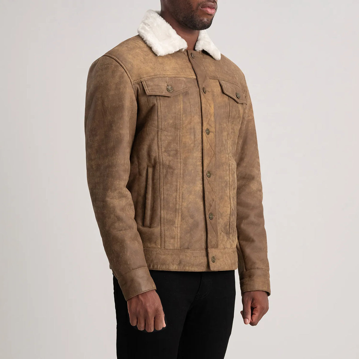 
Distressed Brown Sheepskin Snuffed Aviator Jacket - 展现肩线贴合与利落下摆的背部视角