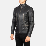 
Grey Sheepskin Suede Biker Jacket - 展现肩线贴合与利落下摆的背部视角