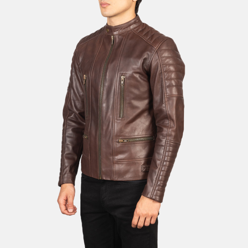 
模特上身效果： Damian Grey Suede Biker Jacket 模特试穿展示（自然光垂坠质感）