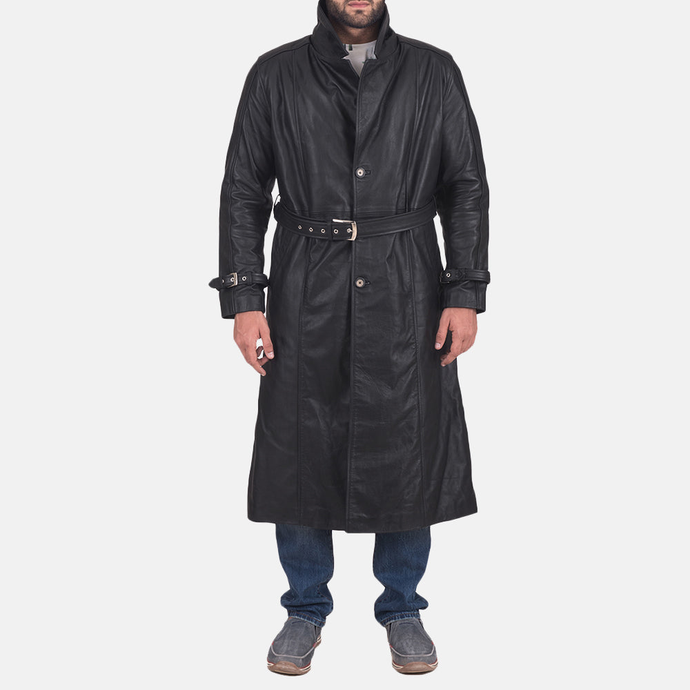 
Daniel 经典黑 真皮风衣大衣 男士 in Black Cowhide Leather - 正面版型与定制立体剪裁轮廓 | 官方商城选购