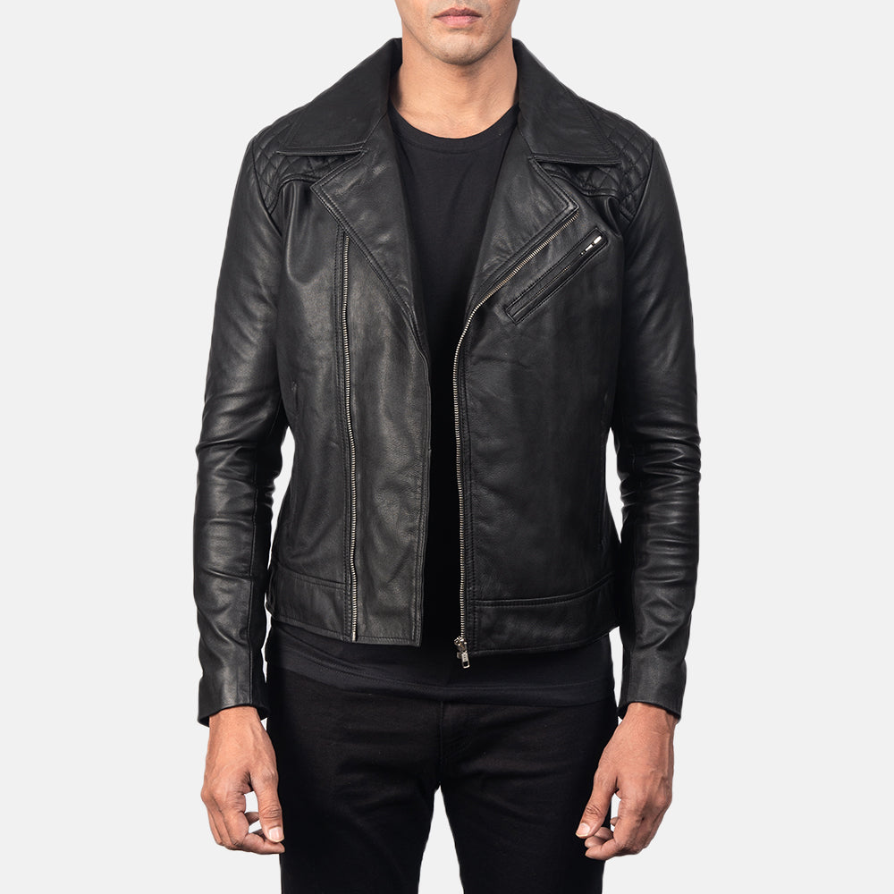 Men's Danny Quilted Brown Leather Biker Jacket in Distressed Brown Goatskin Leather - Front Profile View &amp; Tailored Silhouette | Buy Online
