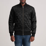 Danson Quilted 黑色 Varsity 真皮夹克 男士 in Black Satin - Front Profile View &amp; Tailored Silhouette | Buy Online