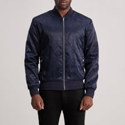 Danson Quilted Blue Varsity 真皮夹克 男士 in Blue Satin - Front Profile View &amp; Tailored Silhouette | Buy Online