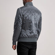 
细节特写 of Varsity & Zipper Hardware on Danson 菱格压线 Grey Varsity 真皮夹克 男士