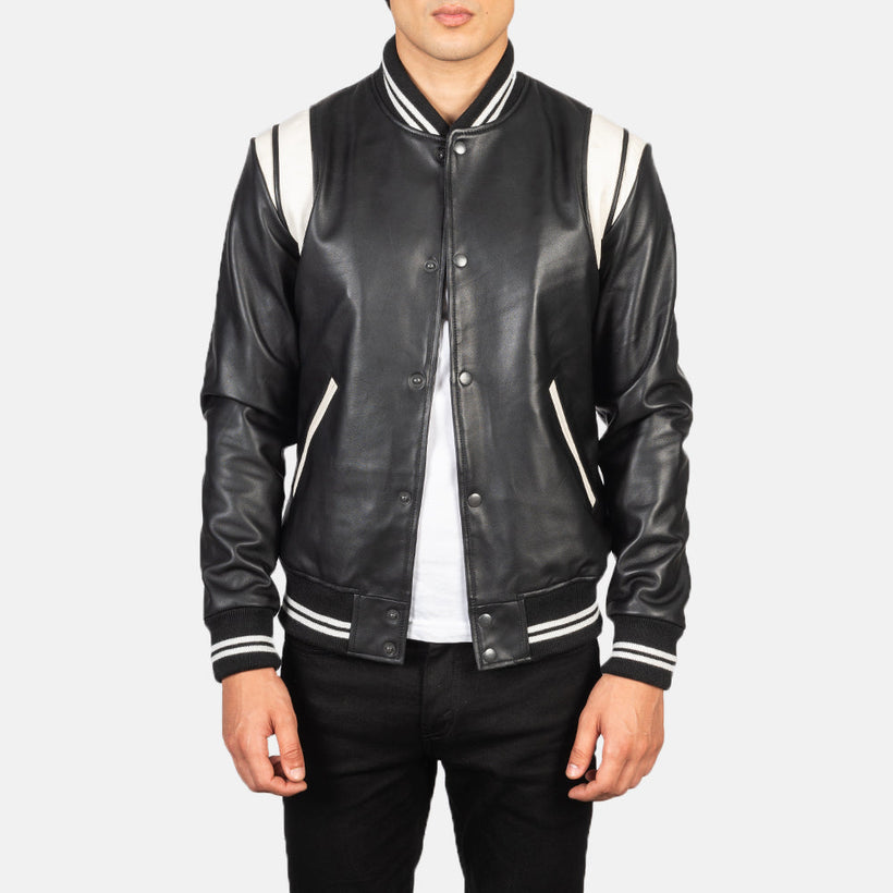 Dantee 黑色 Leather Varsity 真皮夹克 男士