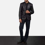 Men's Daron 黑色 真皮西装外套 男士 - Lateral Side Profile View Showing Sleeve Cut &amp; Athletic Taper Fit
