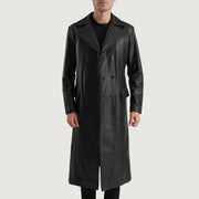 
Delmar Black Leather Double Breasted Coat in Black Cowhide Leather - 正面版型与定制立体剪裁轮廓 | 官方商城选购