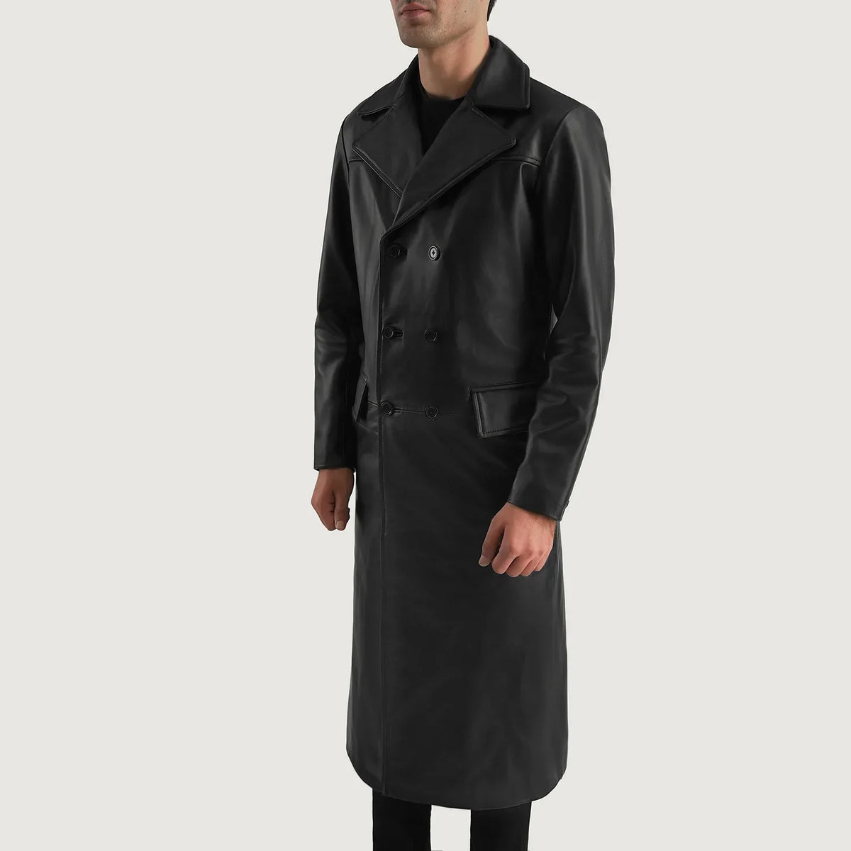 
Black Cowhide leather Coat - 展现肩线贴合与利落下摆的背部视角