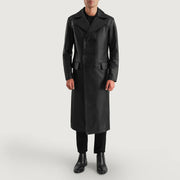 
Delmar Black Leather Double Breasted Coat - 展现立体袖型与合身版型的侧身视角