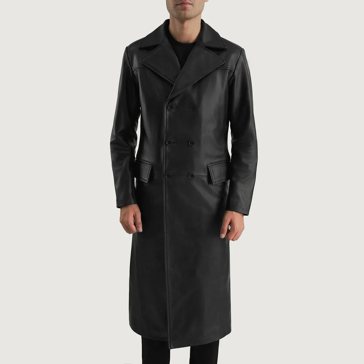 
细节特写 of Notch & Button Hardware on Delmar Black Leather Double Breasted Coat