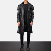 
Deux 经典黑 Leather Duster 男士 in Black Cowhide Leather - 正面版型与定制立体剪裁轮廓 | 官方商城选购