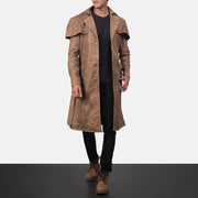 Men's Deux 棕色 Leather Duster 男士 in Distressed Brown Semi-Aniline Snuffed - Front Profile View &amp; Tailored Silhouette | Buy Online