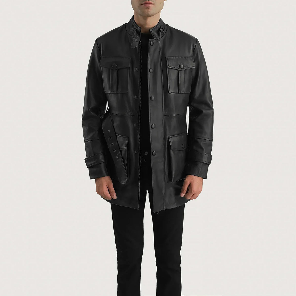 Dolf 黑色 真皮夹克 男士 in Black Cowhide Leather - Front Profile View &amp; Tailored Silhouette | Buy Online