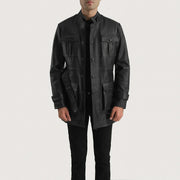 Dolf 黑色 真皮夹克 男士 in Black Cowhide Leather - Front Profile View &amp; Tailored Silhouette | Buy Online