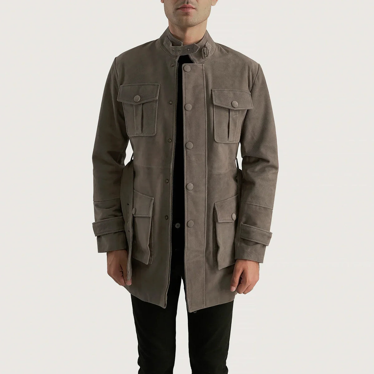 Dolf 灰色 麂皮夹克 男士 in Grey Cowhide Suede - Front Profile View &amp; Tailored Silhouette | Buy Online