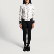 Close-Up Detail of Varsity &amp; Zipper Hardware on Women's Donna Blake White 真皮飞行员夹克 女士