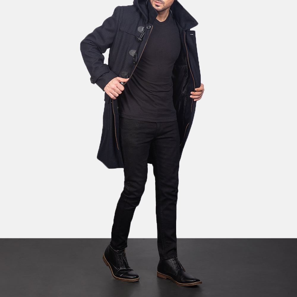 Drake Black Wool Duffle Coat in Black Synthetic Wool - 正面版型与定制立体剪裁轮廓 | 官方商城选购