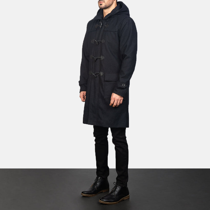 Drake 经典黑 Wool Hooded Duffle 真皮大衣 男士