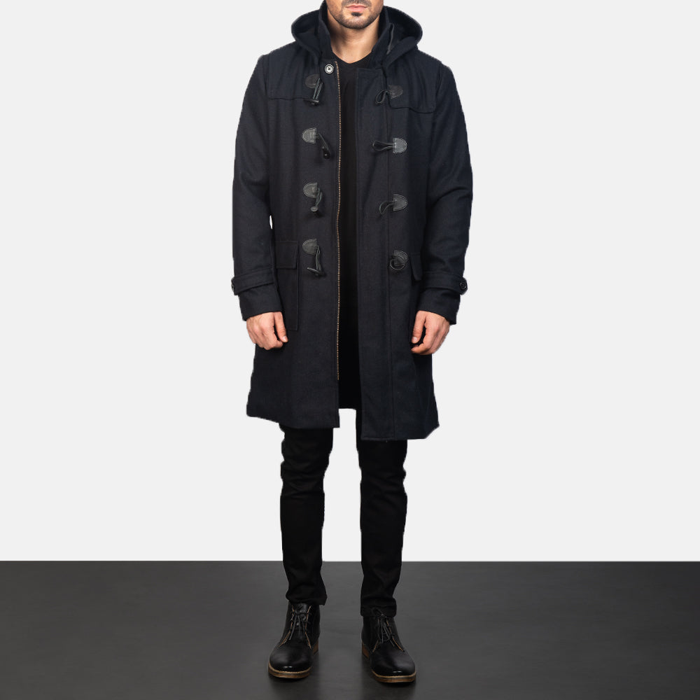 Drake Black Wool Duffle Coat - 展现立体袖型与合身版型的侧身视角