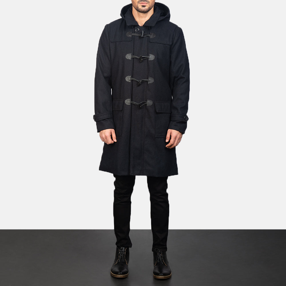 细节特写 of Shirt with Removable Hood & Toggle Buttons with Placket & Zipper Hardware on Drake Black Wool Duffle Coat