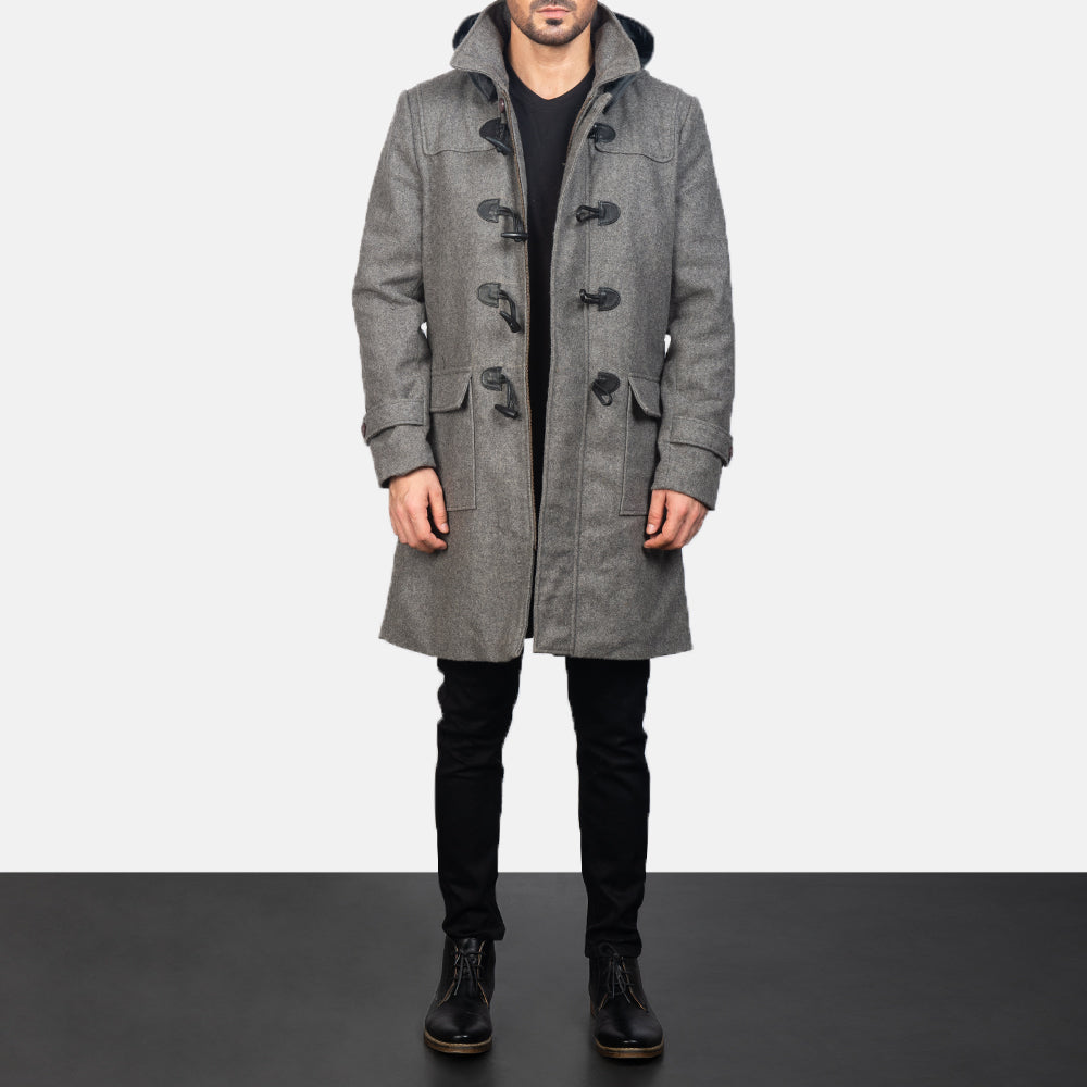 细节特写 of Shirt with Removable Hood & Toggle Buttons with Placket & Zipper Hardware on Grey Wool Duffle Coat