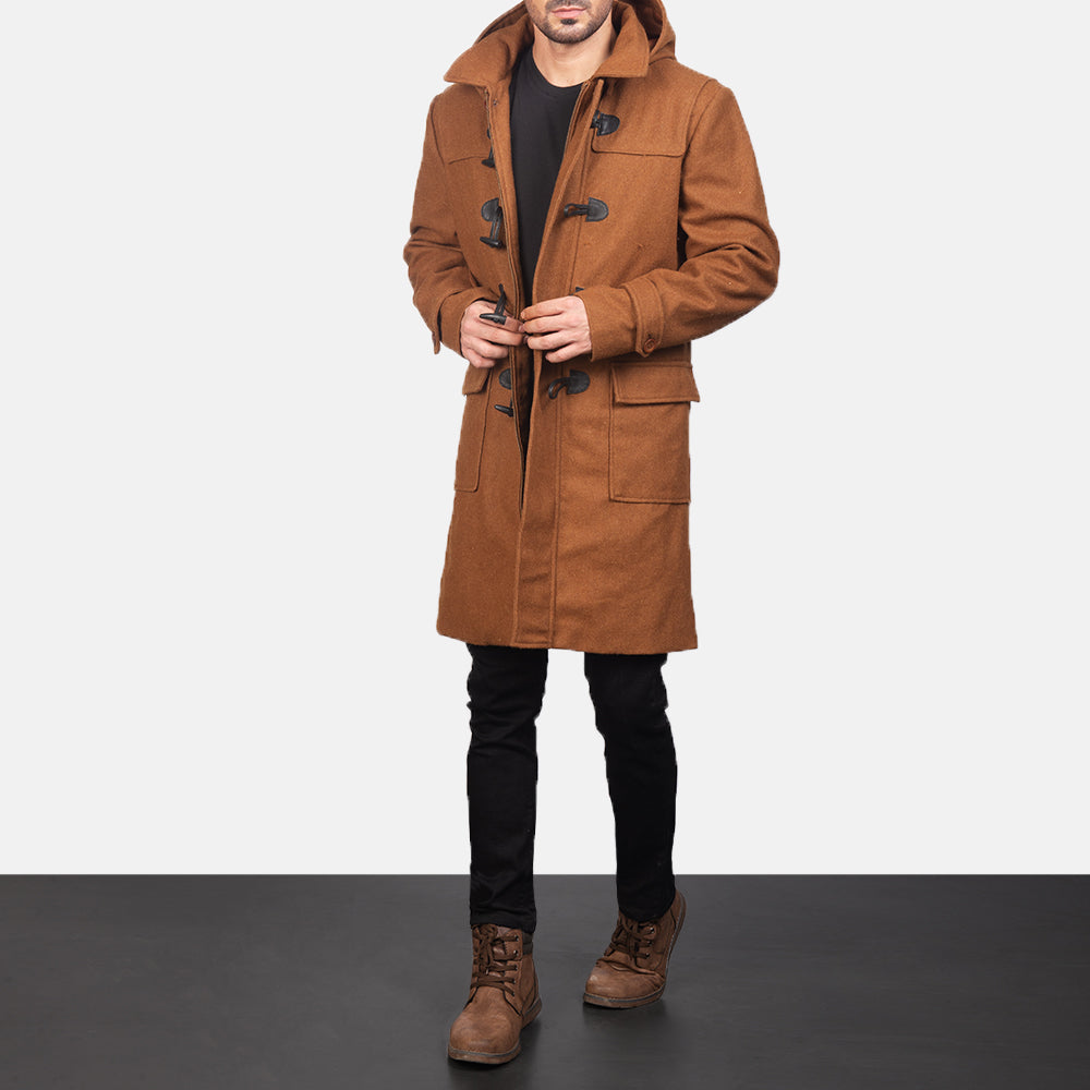 
Drake Khaki Wool Duffle Coat - 展现立体袖型与合身版型的侧身视角