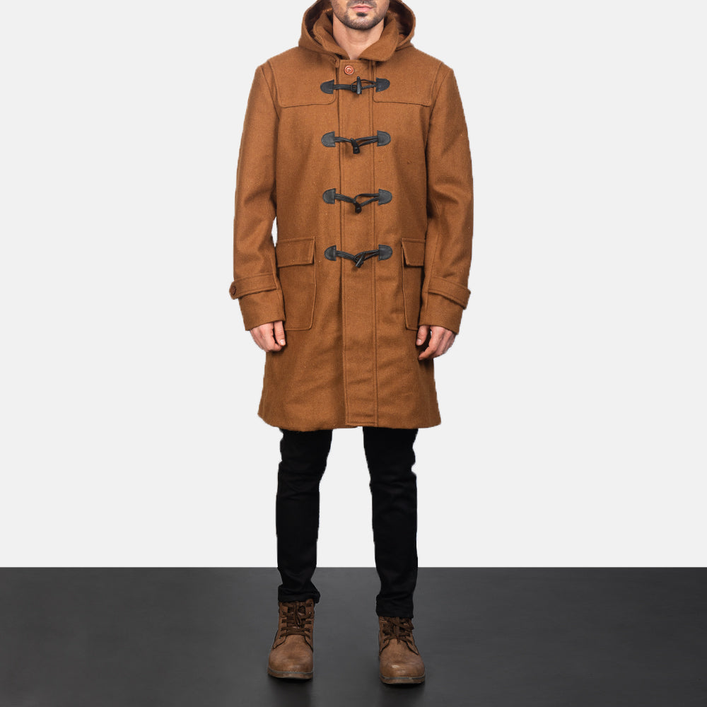 细节特写 of Shirt with Removable Hood & Toggle Buttons with Placket & Zipper Hardware on Drake Khaki Wool Duffle Coat