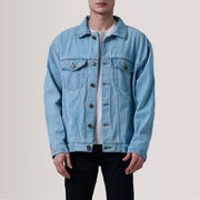 
Eddie Light 深海蓝 Oversized Denim Trucker 真皮夹克 男士 For Men in Light Blue Full-Grain Leather - 正面版型与定制立体剪裁轮廓 | 官方商城选购