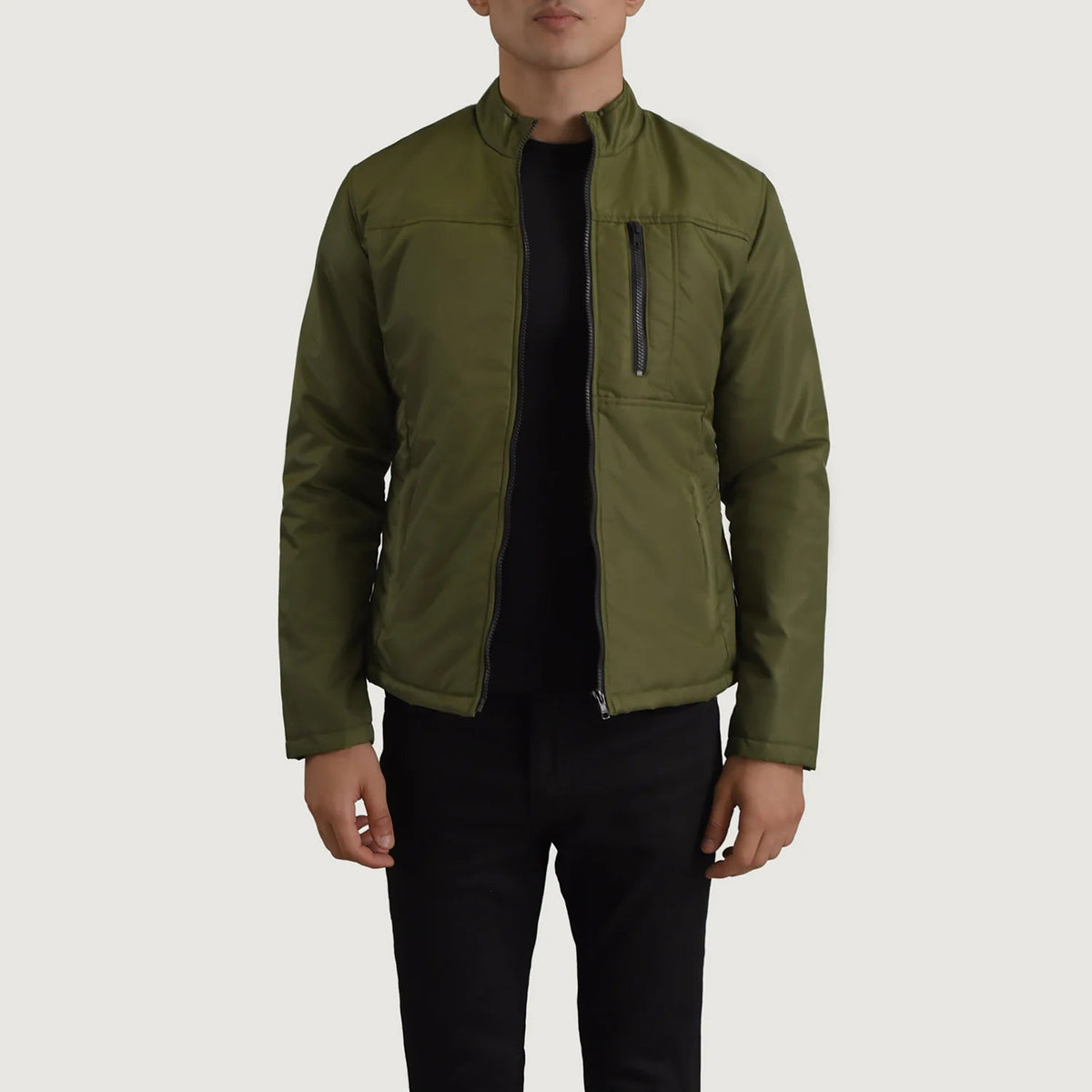 Elliot Green Lightweight 真皮夹克 男士 in Green Full-Grain Leather - Front Profile View &amp; Tailored Silhouette | Buy Online