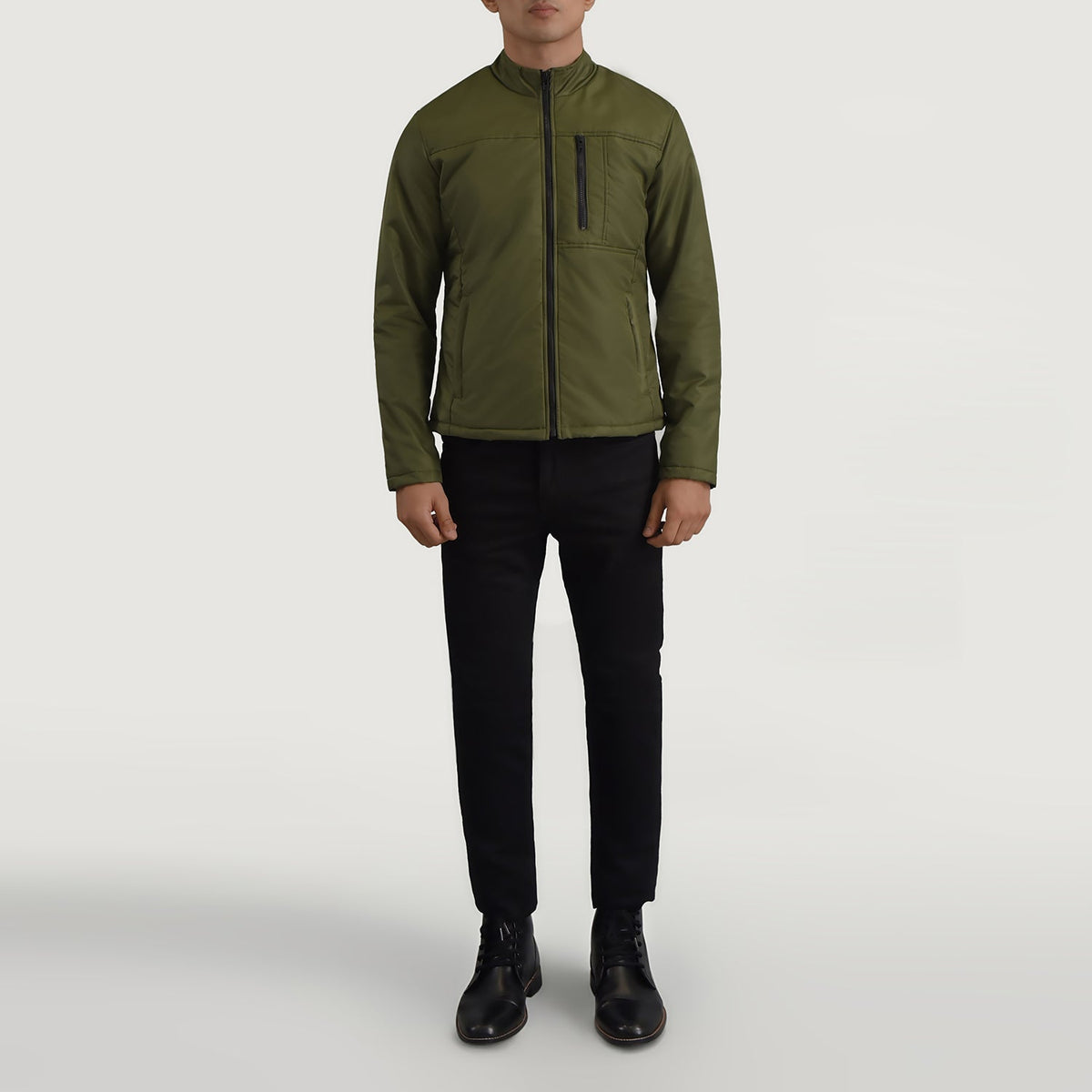 Elliot Green Lightweight 真皮夹克 男士 - Lateral Side Profile View Showing Sleeve Cut &amp; Athletic Taper Fit