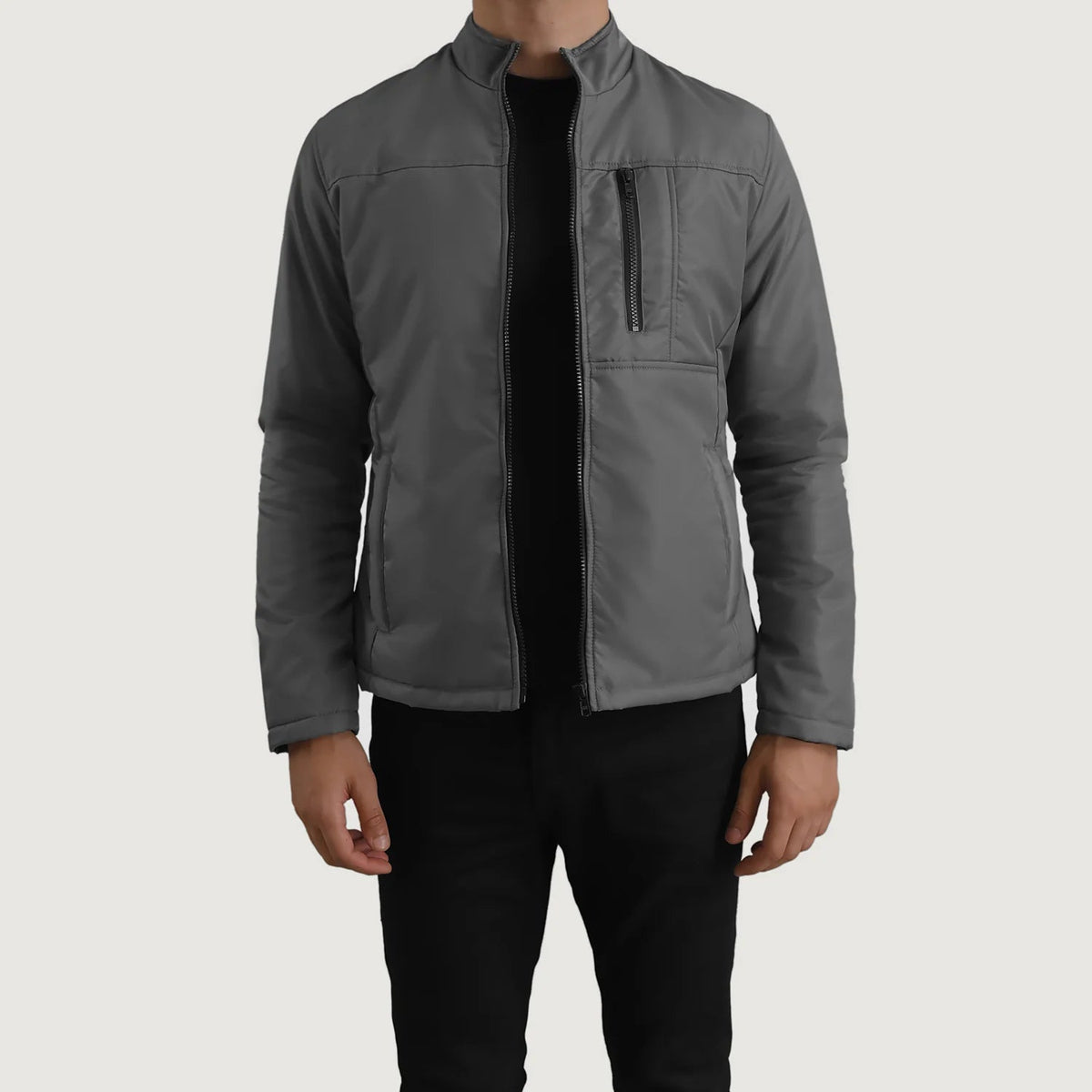 Elliot 灰色 Lightweight 真皮夹克 男士 in Grey Full-Grain Leather - Front Profile View &amp; Tailored Silhouette | Buy Online
