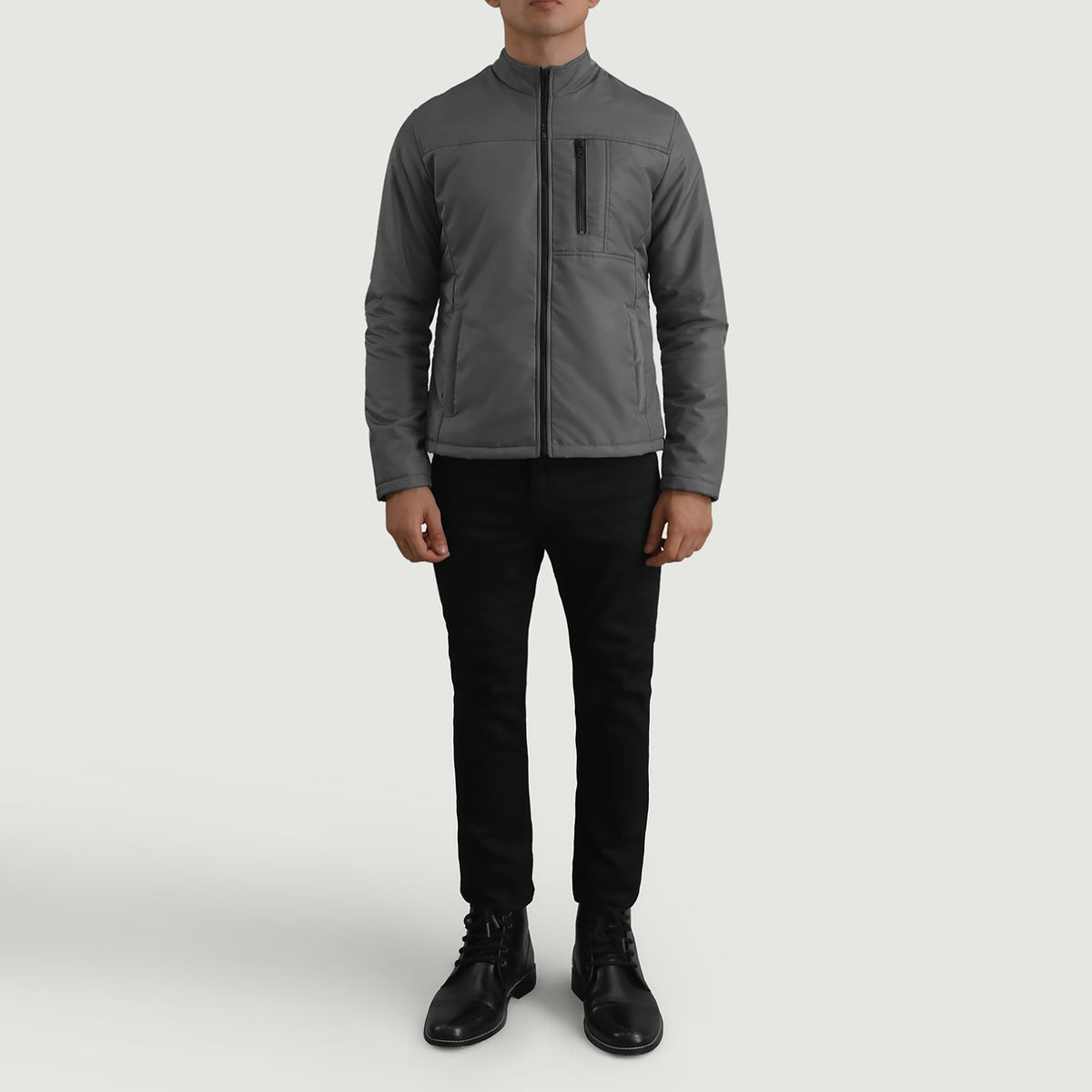 Elliot 灰色 Lightweight 真皮夹克 男士 - Lateral Side Profile View Showing Sleeve Cut &amp; Athletic Taper Fit