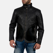 
Black Sheepskin Leather Biker Jacket - 展现肩线贴合与利落下摆的背部视角