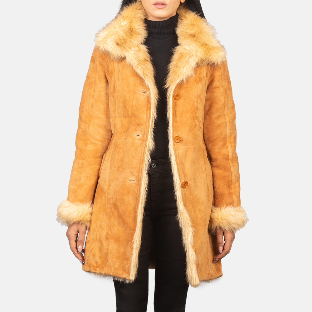 
Erica Beige Leather Coat in Distressed Beige Goatskin Suede - 正面版型与定制立体剪裁轮廓 | 官方商城选购