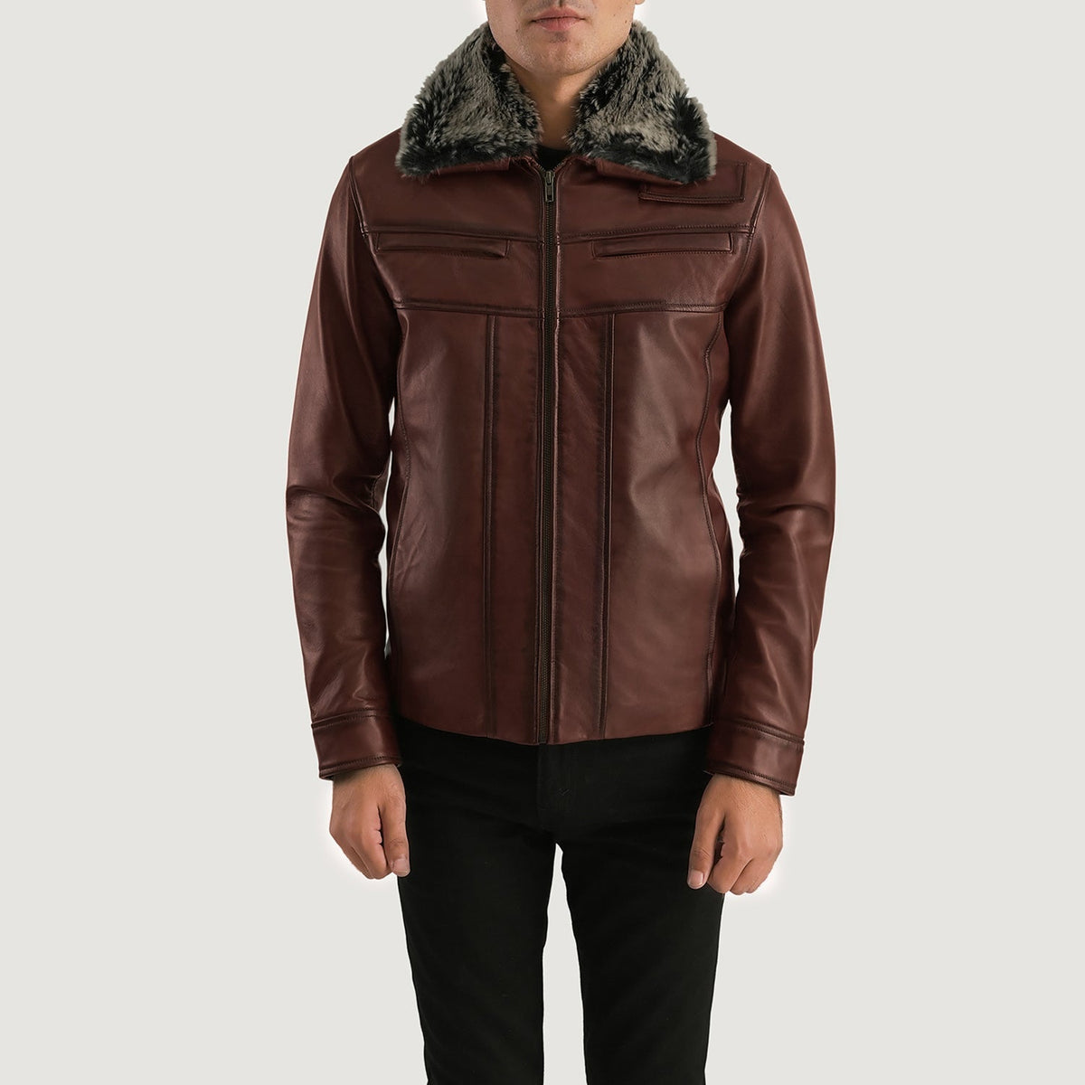 Men's Evan Hart Fur 棕色 真皮夹克 男士 in Distressed Brown Sheepskin Burnishing - Front Profile View &amp; Tailored Silhouette | Buy Online