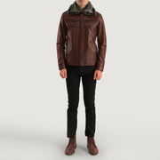 Close-Up Detail of Shirt &amp; Zipper Hardware on Men's Evan Hart Fur 棕色 真皮夹克 男士